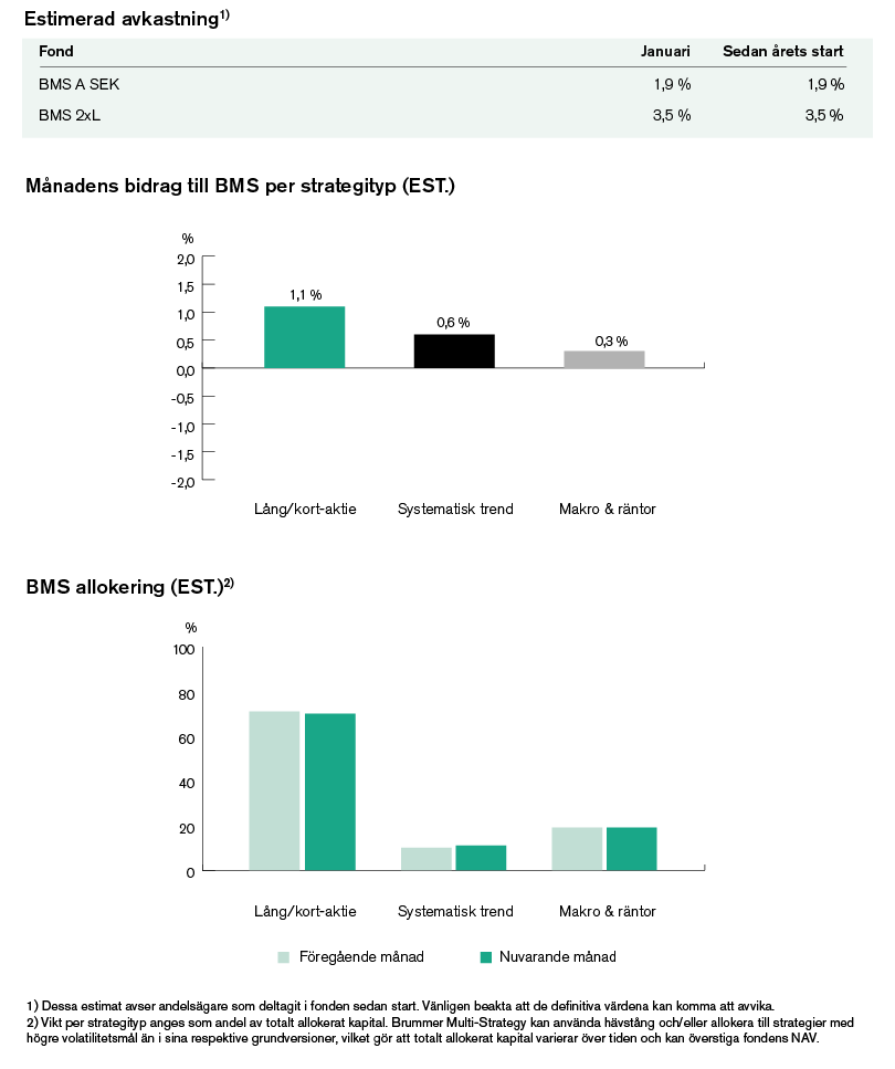 En graf och tabell som visar allokering och avkastning för BMS för januari